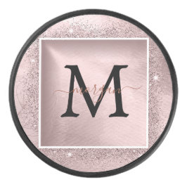 Rose Gold Glitzer Script Monogram Eishockey Puck