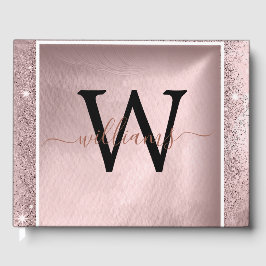 Rose Gold Glitzer Script Monogram Gästebuch