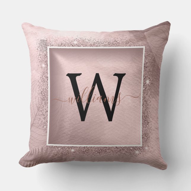 Rose Gold Glitzer Script Monogram Kissen (Vorderseite)