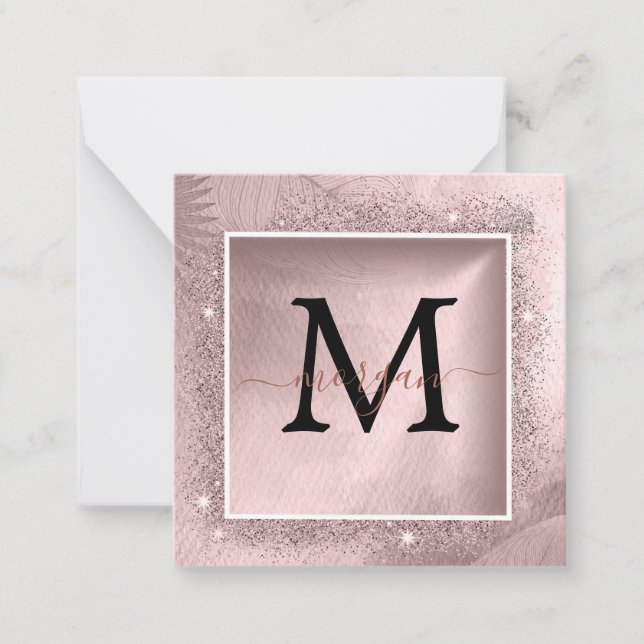Rose Gold Glitzer Script Monogram Mitteilungskarte (Vorderseite)