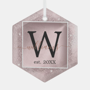 Rose Gold Glitzer Script Monogram Ornament Aus Glas
