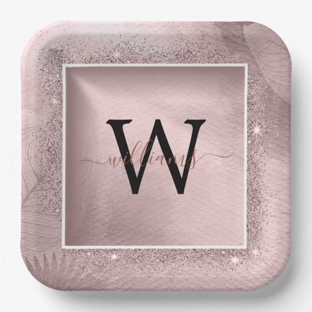 Rose Gold Glitzer Script Monogram Pappteller (Vorderseite)
