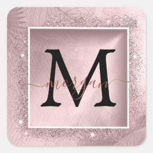 Rose Gold Glitzer Script Monogram Quadratischer Aufkleber