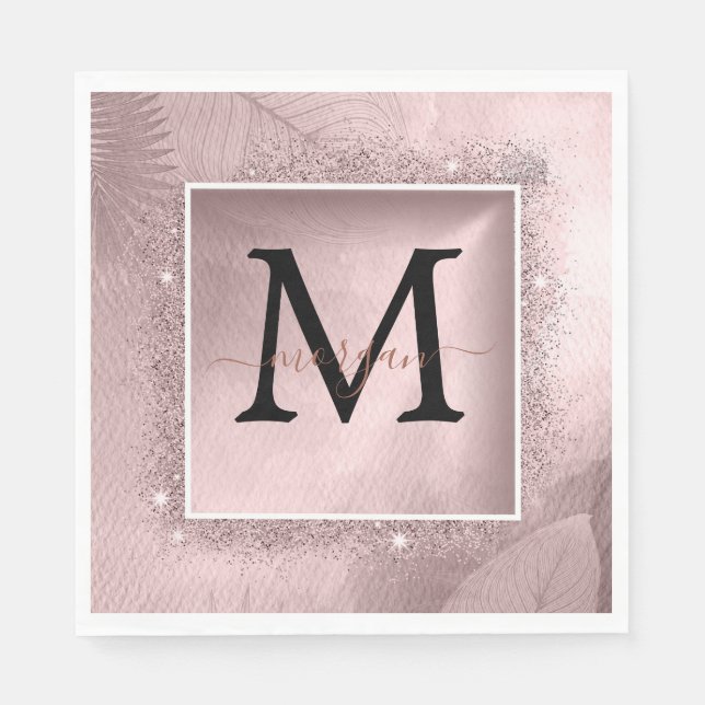 Rose Gold Glitzer Script Monogram Serviette (Vorderseite)