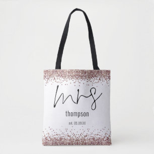 Rose Gold Glitzer Script Mrs. Name Date Bride Tasche