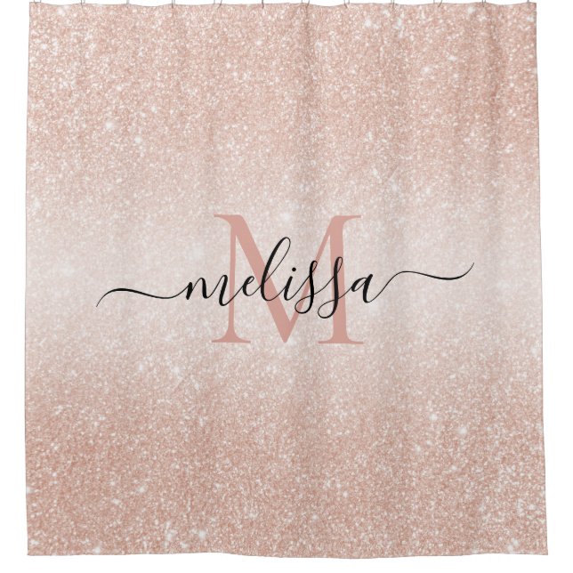 Rose Gold Glitzer Script Name Monogram Duschvorhang (Vorderseite)