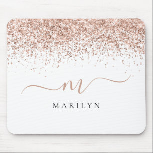 Rose Gold Glitzer Script Name Monogram Initial Mousepad