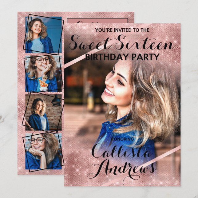 Rose Gold Glitzer Sequins Ecken Foto Sweet 16 Einladung (Vorne/Hinten)