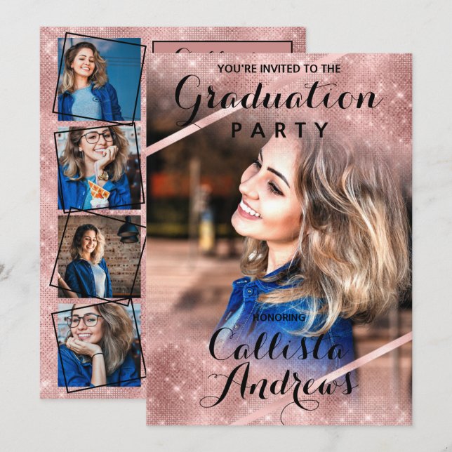 Rose Gold Glitzer Sequins Foto Abschluss Einladung (Vorne/Hinten)