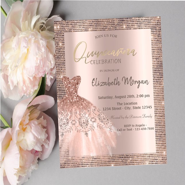 Rose Gold Glitzer Sequins Frame Dress Quinceañera Einladung (Von Creator hochgeladen)