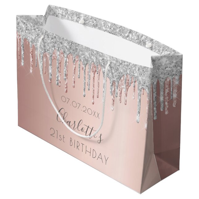 Rose Gold Glitzer Silberrosa Große Geschenktüte (Rückseite Schrägansicht)