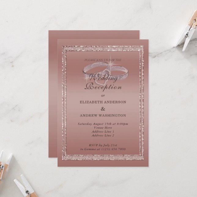 Rose Gold Glitzer, Silver Rings Hochzeitsempfang Einladung (Vorderseite/Rückseite Beispiel)