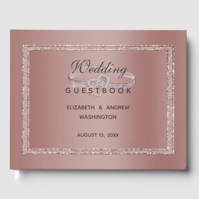 Rose Gold Glitzer & Silver Wedding Rings Gästebuch (Vorderseite)