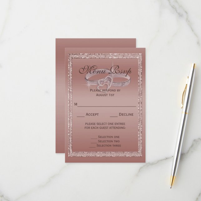 Rose Gold Glitzer, Silver Wedding Rings Menü RSVP Karte (Vorderseite/Rückseite Beispiel)