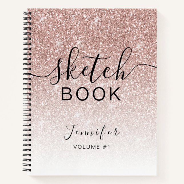 Rose Gold Glitzer Sketchbook Name Elegantes Skript Notizbuch (Vorderseite)