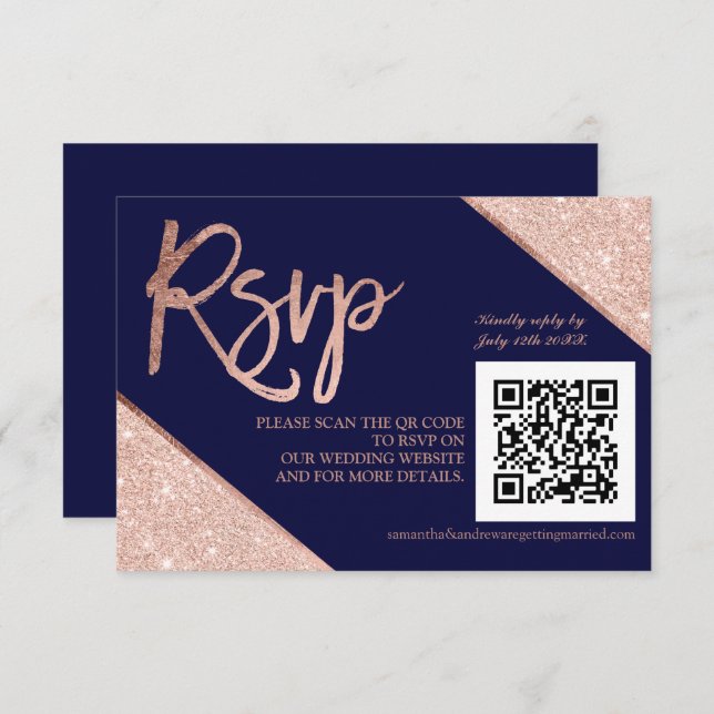 Rose Gold Glitzer Skript Blue QR-Code uAwg Hochzei RSVP Karte (Vorne/Hinten)