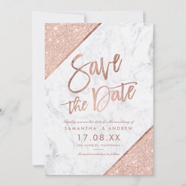 Rose Gold Glitzer Skript-Marmor Save the Date (Vorderseite)