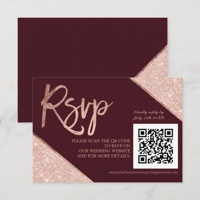 Rose Gold Glitzer Skript Red QR-Code uAwg Hochzeit RSVP Karte (Vorne/Hinten)