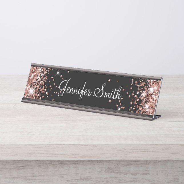 Rose Gold Glitzer Solid Black Schreibtischnamensplakette (Vorderseite )