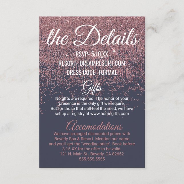 Rose Gold Glitzer Sparkle Navy Blauer Hochzeitsdet Begleitkarte (Vorderseite)