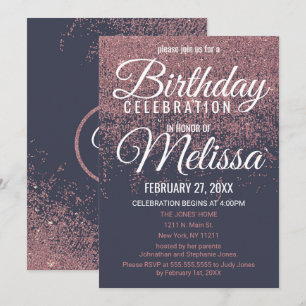 Rose Gold Glitzer Sparkle Navy Blue Geburtstagspar Einladung