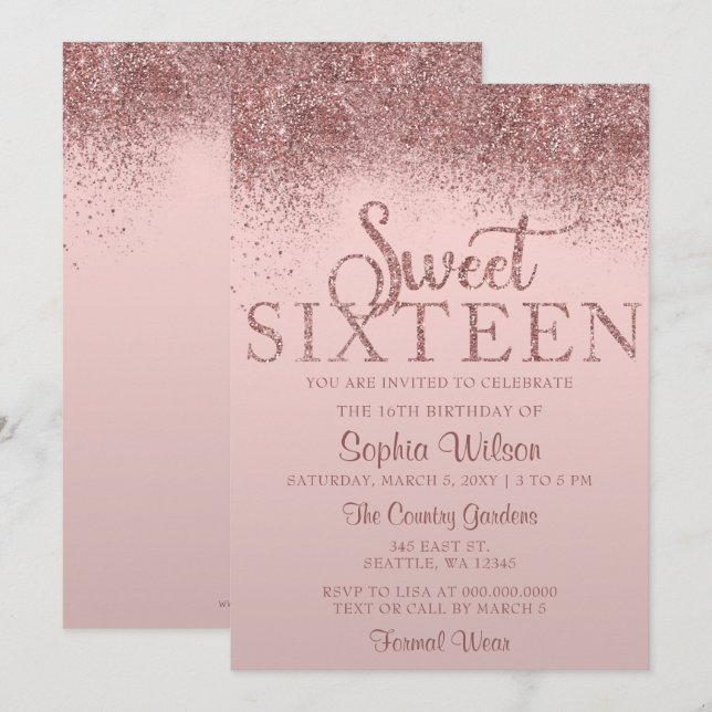 Rose Gold Glitzer Sparkle Sweet 16 Geburtstag Einladung (Vorne/Hinten)