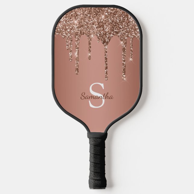 Rose Gold Glitzer Sparkle Tropfen Monogramm Name Pickleball Schläger (Vorderseite)