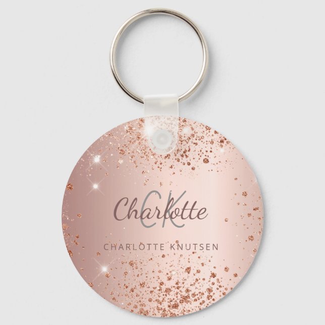 Rose Gold Glitzer Staub Monogramm Name Schlüsselanhänger (Vorderseite)