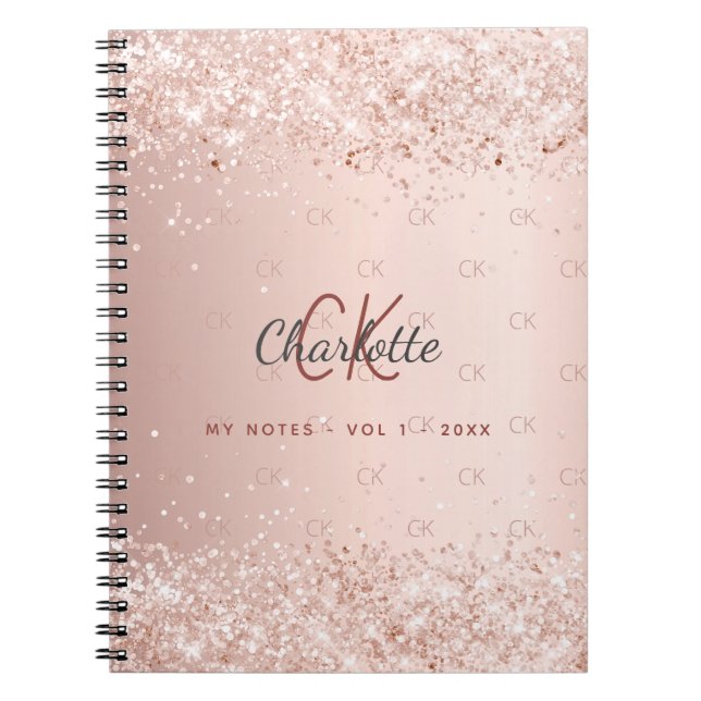 Rose Gold Glitzer Staub-Monogramm-Skript Notizblock (Vorderseite)