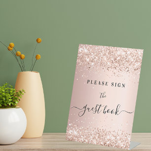 Rose Gold Glitzer Staub Party Gästebuch Sockelschild