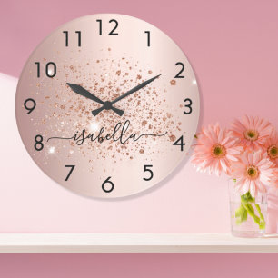 Rose Gold Glitzer Staubname Skript Große Wanduhr