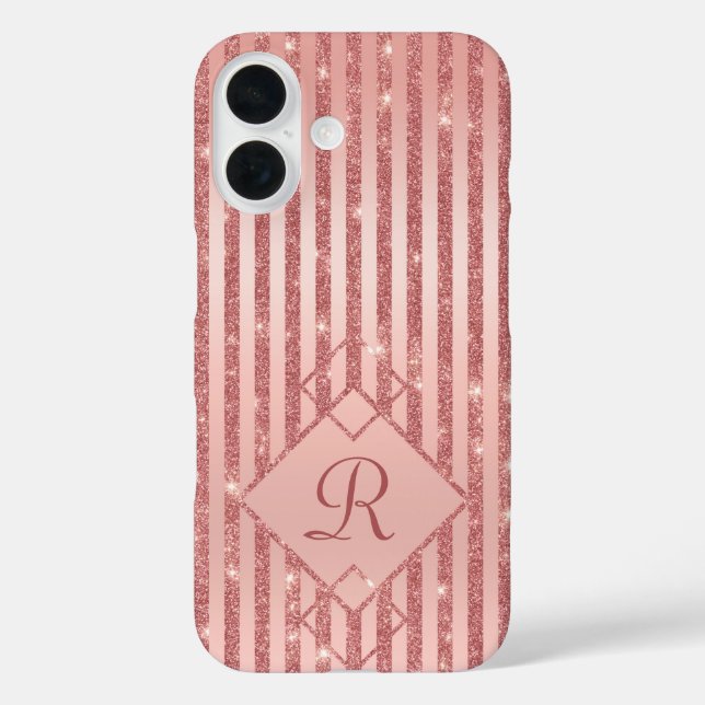 Rose Gold Glitzer Streifen Glam Monogram Chic iPhone 16 Hülle (Rückseite)