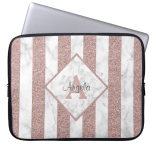 Rose Gold Glitzer Streifen Marble Monogramm-Skript Laptopschutzhülle