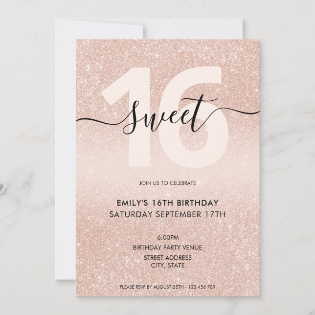 Rose Gold Glitzer Sweet 16 Einladung (Vorderseite)