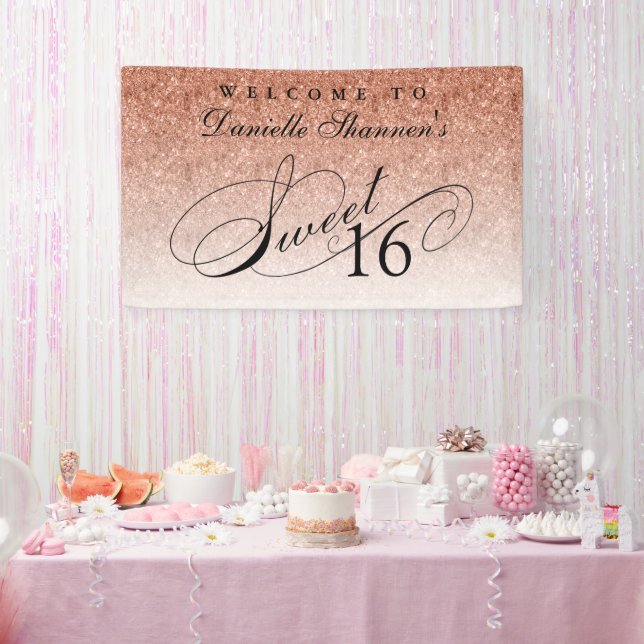 Rose Gold Glitzer Sweet 16 Personalisierter Empfan Banner (Party)