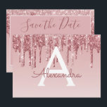 Rose Gold Glitzer Sweet 16 Save the Date Einladung<br><div class="desc">Rose Gold Sparkle und Tropfen Glitzer 16 . Geburtstag Monogram Name und Initial Save the Date Geburtstagsparty Einladung. Diese Einladung ist perfekt für die Rose Gold Sparkle Glitzer Sweet 16 Geburtstagsparty,  die in Rosa Rose Gold zu feiern suchen.</div>
