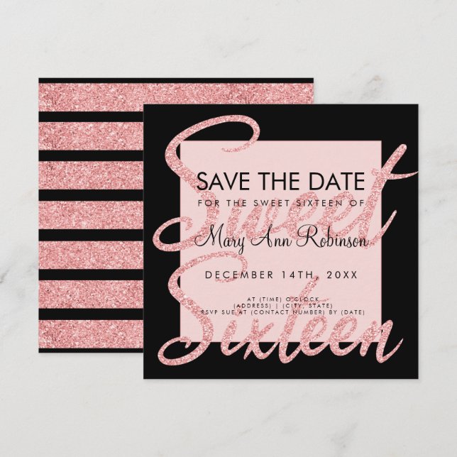Rose Gold Glitzer Sweet 16 Schwarz Einladung (Vorne/Hinten)