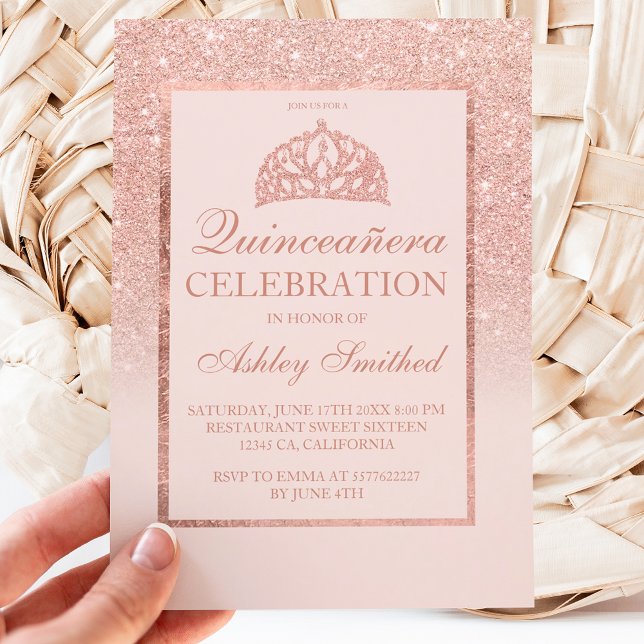 Rose Gold Glitzer Tiara elegante Chic Quinceañera  Einladung (Von Creator hochgeladen)