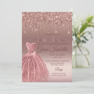 Rose Gold Glitzer Tropfen 16 . Geburtstag Geburtst Einladung