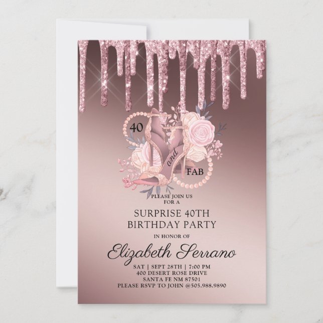 Rose Gold Glitzer Tropfen 40. Überraschung Geburts Einladung (Vorderseite)