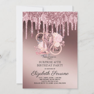 Rose Gold Glitzer Tropfen 40. Überraschung Geburts Einladung