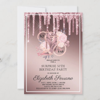 Rose Gold Glitzer Tropfen 50. Geburtstagsüberrasch Einladung