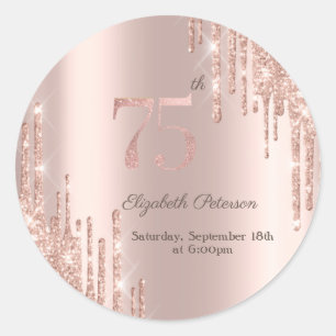 Rose Gold Glitzer Tropfen 75. Geburtstagsparty Runder Aufkleber