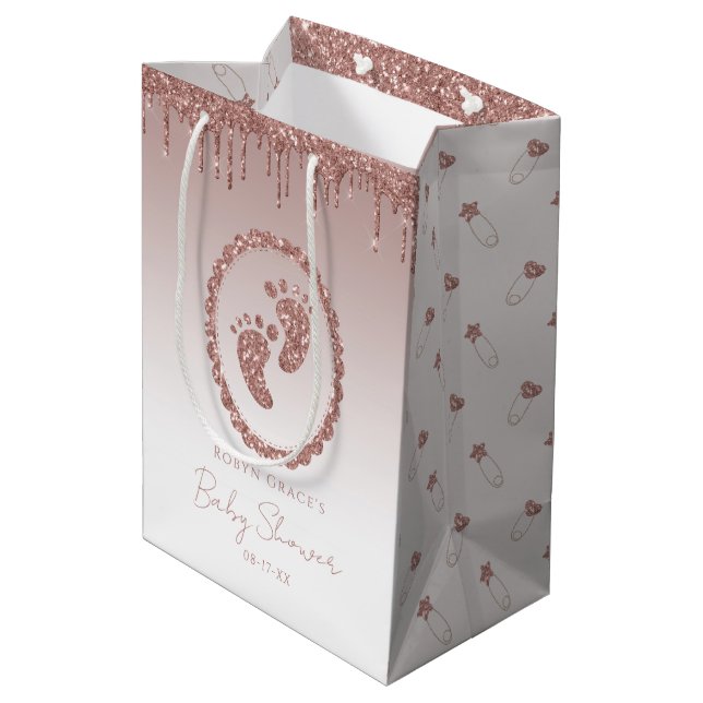 Rose Gold Glitzer Tropfen Baby Duschgeschenk Beute Mittlere Geschenktüte (Rückseite Schrägansicht)