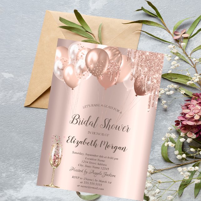 Rose Gold Glitzer Tropfen Balloons Brautparty Einladung (Von Creator hochgeladen)