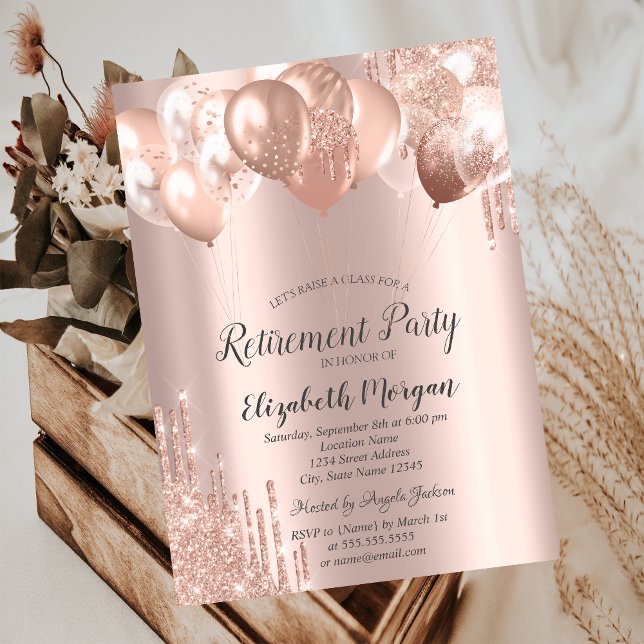 Rose Gold Glitzer Tropfen Balloons Rente Einladung (Von Creator hochgeladen)