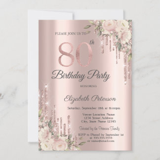 Rose Gold Glitzer Tropfen Boho Rose 80. Geburtstag Einladung