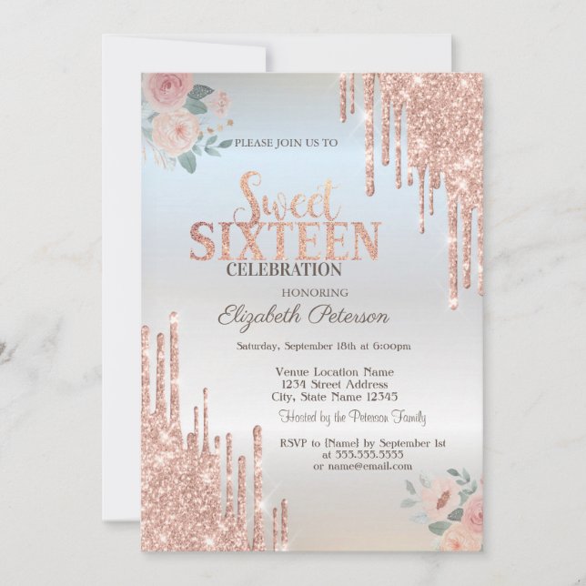 Rose Gold Glitzer Tropfen Boho Rose Silver Sweet 1 Einladung (Vorderseite)