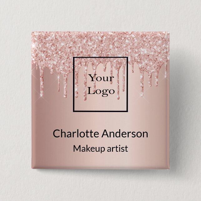 Rose Gold Glitzer Tropfen Business Salon Namenssch Button (Vorderseite)