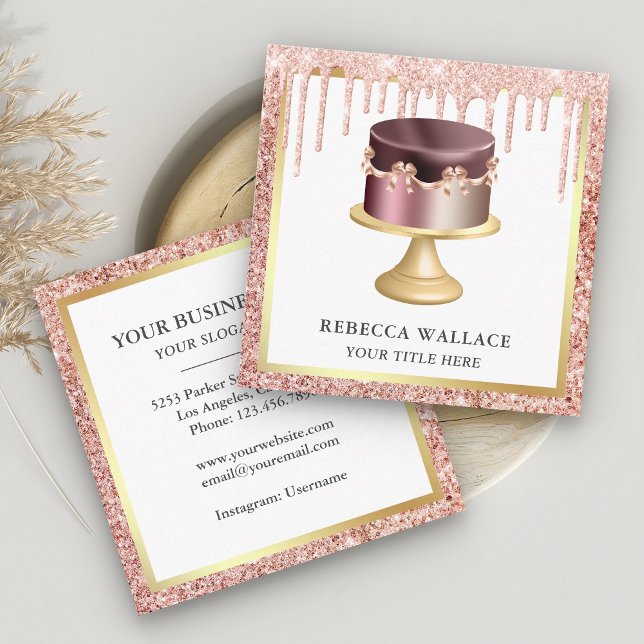 Rose Gold Glitzer Tropfen Custom Pink Cake Bäckere Quadratische Visitenkarte (Von Creator hochgeladen)
